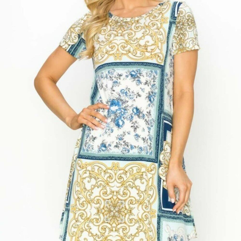 LBISSE Navy & Ivory Patchwork Swingy T Shirt Dress